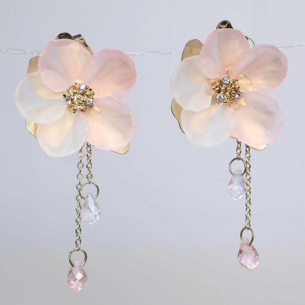 Blush Pink Frosted Flower Dangle Earrings | Gold Tone Cherry Blossom Floral Drop - Picture 6 of 6